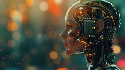 Poster - AI machine learning concept with orange blurred glowing robotic human cyborg high tech futuristic copyspace background