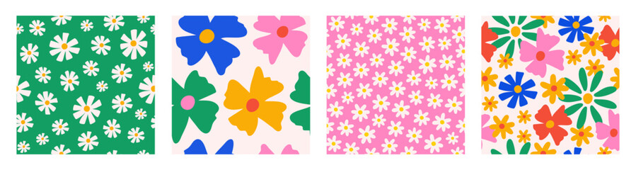 Aufkleber - Seamless patterns with colorful groovy daisy flowers. Vector floral illustration.
