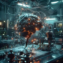 Poster - A high-tech laboratory with an advanced brain interface, showcasing a glowing brain model with neural connections and computing equipment.