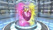 Futuristic medical concept with holographic human heart in stasis chamber, vibrant pink and yellow energy streams, modern laboratory setting