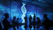 Silhouettes of business professionals in a dimly lit room, fixated on a large screen displaying a complex DNA helix and phenotypic data, Group of business professionals, DNA Phenot