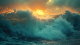 Fototapeta  - Sun beams through clouds onto ocean waves, painting the sky with hues at dusk