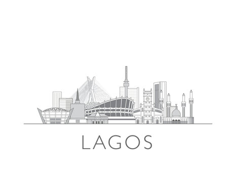 Lagos skyline cityscape line art style vector illustration in black and white