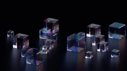 Poster - Abstract 3d render, geometric background with glass cubes, 4k seamless looped animation