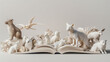 Whimsical white animal figurines emerge from the pages of an open storybook, creating a fantasy scene that blurs the lines between fiction and reality.