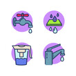 Clean water filtration line icons set. Faucet drops, home filter jug, household water purification. Purification, filtration, clean water concept. Vector illustration for web design and apps