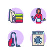 Cleaning service thin line icons set. Iron, ironing, maid cleaning, vacuum cleaner, washing machine. Cleaning service, house cleansing concept.Vector illustration for web design and apps