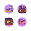 Loyalty program symbol elements. Walet, piggy bank, sacks and hand with stars. Customers reviews, savings, exclusive discounts concept. Vector illustration for web design and apps