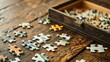A scattered puzzle on an antique wooden table, halfassembled, symbolizing the perplexing challenge of solving life s mysteries