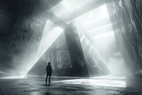 Fototapeta Na drzwi - A lone person stands contemplating within a vast, abstract construction with beams of light piercing through