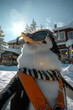 A penguin wearing sunglasses and a scarf is standing in front of a house
