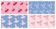 A set of seamless patterns with simple cute illustrations. Bows, rabbit, cherries with a bow. Contemporary vector design.