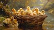Basket of fluffy ducklings by a pond