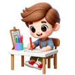 A joyful cartoon boy engaged in drawing with vibrant markers at a desk, displaying creativity and a love for art.