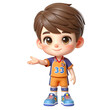 3D rendered illustration of a cute cartoon boy smiling and extending a hand in a friendly gesture, dressed in a basketball uniform.