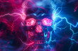 A skull with glowing neon eyes surrounded by lightning, red and blue