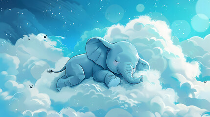 Poster - A cute little baby elephant sleeps on a cloud. Children's book illustration on a sky background, 