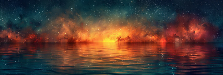 Wall Mural - Watercolor Stars Illustration - Green Sky and Textured Water