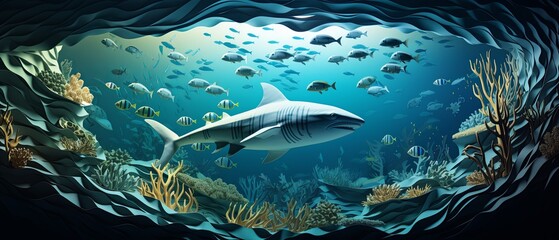Wall Mural - Minimalist paper-cut illustration of a barracuda swarm in coral reefs, realistic 3D ocean background,
