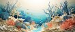 Paper-cut illustration of a coral reef bleaching event, minimalist 3D style, highly blurred oceanic background,