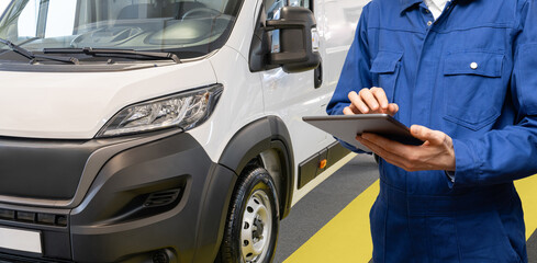 Poster - Manager with a digital tablet on the background of delivery van. Fleet management