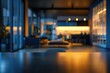 Blurred interior of a modern office building natural night light.