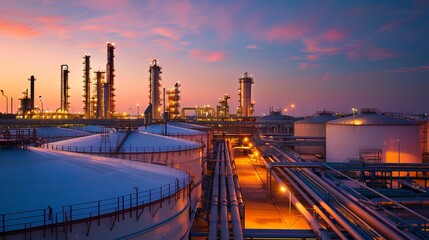 Large oil storage tanks at an industrial refinery