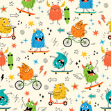 Fototapeta Dinusie - Seamless pattern of funny colorful monsters riding skateboards, scooters and bicycles. Baby, kids boy wrapping paper, textile design.