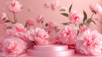 Wall Mural - Large peonies on the background of an empty podium.Pink flowers. The layout of the platform for product demonstration.  A stage showcase.