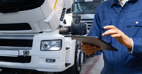 Serviceman with digital tablet on the background of the truck in the garage..