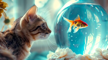 Curious Kitten Observes Goldfish in a Bowl, Vivid Colors Accentuate Peaceful Home Setting. Charming Moment Captured, Ideal for Wall Art and Stock. AI