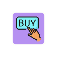 Poster - Line icon of hand pushing buy button. Online shopping, online store, advertisement. E-commerce concept. Can be used for application icons, button, web design