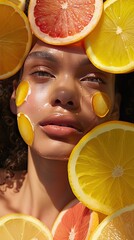 A beauty portrait of a model with a skincare mask made of thin citrus slices