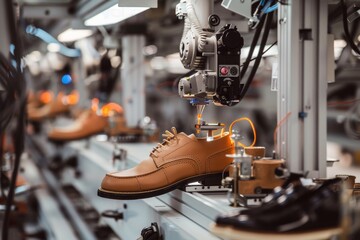 A fully automated shoe factory, where robots stitch and glue footwear, transforming the traditional shoemaking process