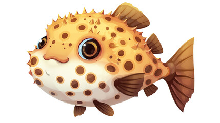 Wall Mural - a Pufferfish puffing up, complete with a cute,The scene is set against a pure white background, emphasizing the character dynamic pose and the delightful expression of determination on its face,chibi