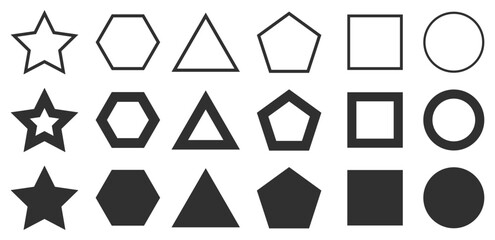 Poster - Form set from thin to thick line, set of different geometric shapes form, circle figure elements, frames and borders, star triangle square pentagon hexagon icons collection