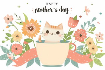  Mother's Day poster design featuring a cute kitten in a coffee cup, flowers and the text 