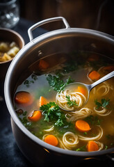 Wall Mural - The perspective of looking up from inside a boiling metal pot of soup broth