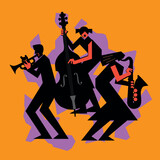 Fototapeta Dziecięca - Jazz Band, dixieland, Contrabass, saxophon, trumpet. 
Funny flat design Illustration of two women jazz musicians and man with trumpet. Black silhouettes.