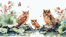 Owls Dine In Serene Zen Garden Watercolor With Tranquil Floral And Botanical Elements