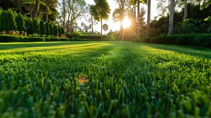 Sticker - Serene Sunrise Over Lush Green Grass in a Tranquil Park Setting, Capturing the Essence of Dawn's Beauty. Nature and Landscape Photography. AI