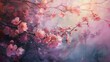 Oil paint, cherry blossoms in spring, pastel pinks, dawn, low angle, floral softness. 