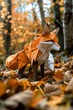 In the realistic underbrush of a forest, an origami fox stalks quietly, its orange and white folds blending with the autumn leaves