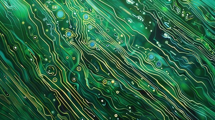 Poster - abstract oil painting, circuit board pathways, metallic greens, direct sunlight, macro, intricate li
