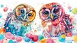 Whimsical Candy Themed Carnival with Vibrant Watercolor Owls Indulging in Sweet Treats