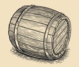 Fototapeta  - Wooden barrel for storing alcoholic beverages. Oak barrel sketch. Vintage engraving style vector illustration
