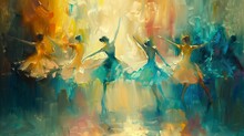 Abstract Oil Painting, Degas Ballet Dancers, Soft Hues, Stage Lights, Wide Lens, Fluid Movement Effect. 