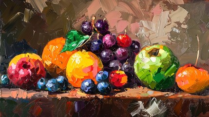 Poster - Oil paint, CÃ©zanne's fruit still life, rich colors, midday light, macro, textured realism.