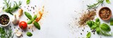 Fototapeta  - Cooking White Background. Healthy Food Ingredient, Herbs, and Vegetables for Web Banner