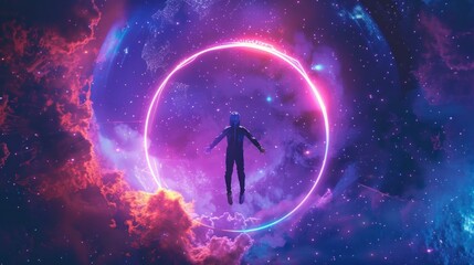 person inside a neon circle with starry sky background in high resolution